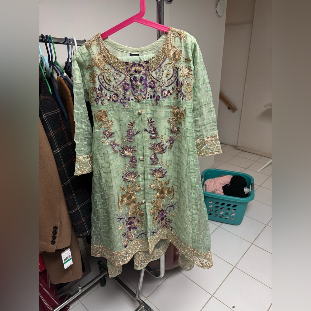 Embroidered Green Dress with Floral Accents